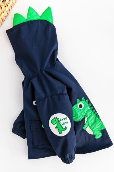 Dino Figürlü Kapüşonlu İçi Peluş Astarlı Erkek Bebek Mont LACİVERT - 3-6 AY