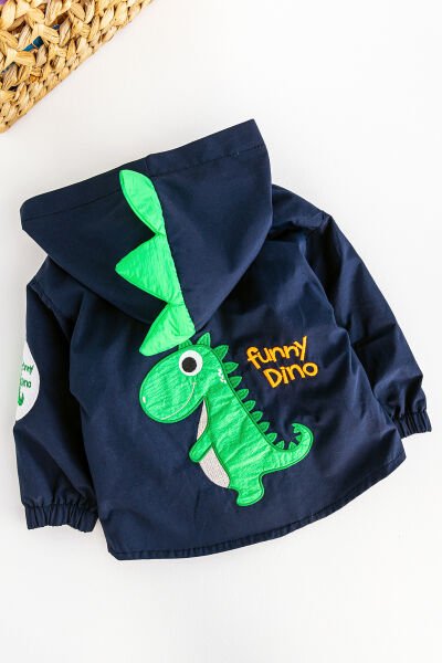 Dino Figürlü Kapüşonlu İçi Peluş Astarlı Erkek Bebek Mont LACİVERT - 3-6 AY