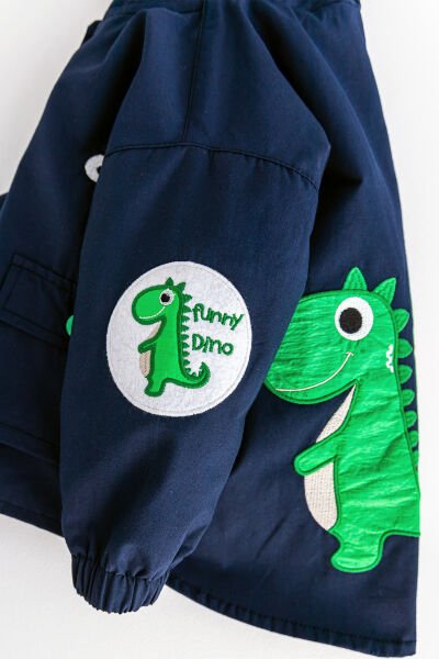 Dino Figürlü Kapüşonlu İçi Peluş Astarlı Erkek Bebek Mont LACİVERT - 3-6 AY