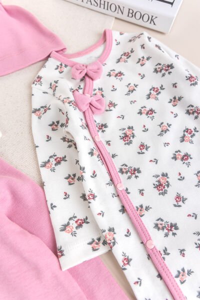 Kız Bebek Tulum Çiçek Desenli İkili Uzun Kollu Tulum Takım