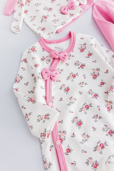 Kız Bebek Tulum Çiçek Desenli İkili Uzun Kollu Tulum Takım