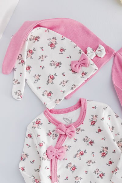 Kız Bebek Tulum Çiçek Desenli İkili Uzun Kollu Tulum Takım