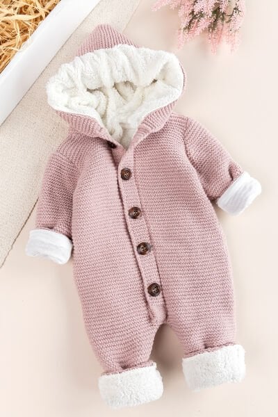 Triko Örme Welsoft Astarlı Kapüşonlu Kışlık Bebek Tulum