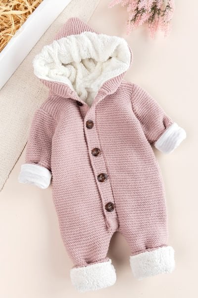 Triko Örme Welsoft Astarlı Kapüşonlu Kışlık Bebek Tulum