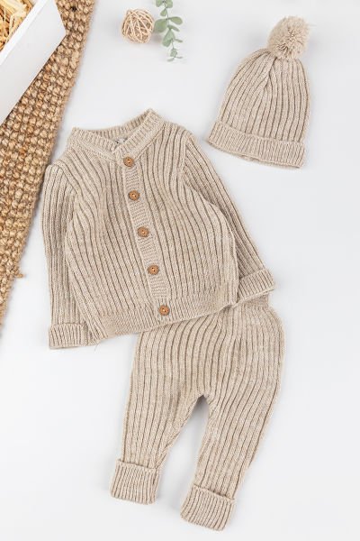 Triko Hırkalı Bereli Unisex Kışlık Şapkalı Bebek Takım BEJ - 3-6 AY