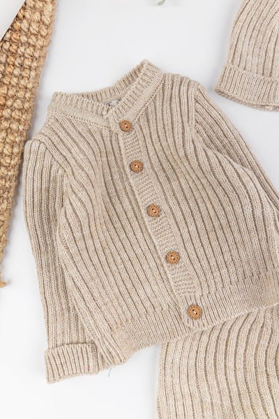 Triko Hırkalı Bereli Unisex Kışlık Şapkalı Bebek Takım BEJ - 3-6 AY