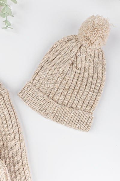 Triko Hırkalı Bereli Unisex Kışlık Şapkalı Bebek Takım BEJ - 3-6 AY