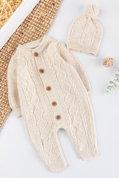 Saç Örgü Desenli Bereli Unisex Kışlık Şapkalı Bebek Tulum