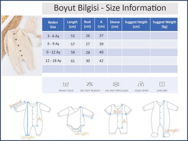 Saç Örgü Desenli Bereli Unisex Kışlık Şapkalı Bebek Tulum