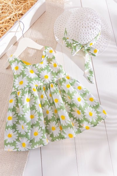 Papatya Desenli Şapkalı Kız Bebek Yazlık Elbise YEŞİL -  9-12 AY