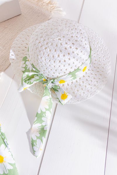 Papatya Desenli Şapkalı Kız Bebek Yazlık Elbise YEŞİL -  9-12 AY