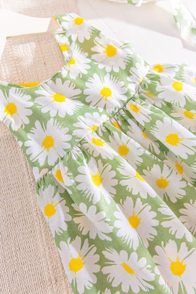 Papatya Desenli Şapkalı Kız Bebek Yazlık Elbise YEŞİL -  9-12 AY