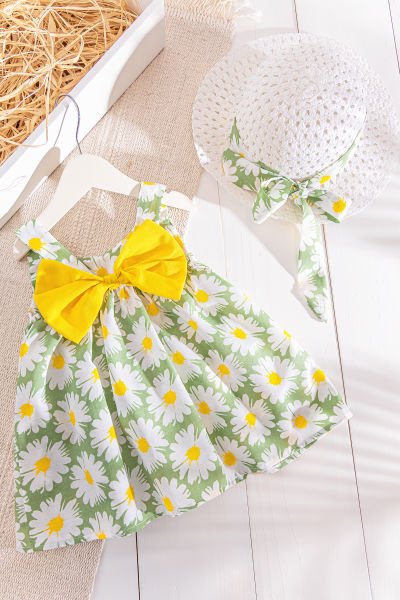 Papatya Desenli Şapkalı Kız Bebek Yazlık Elbise YEŞİL -  9-12 AY