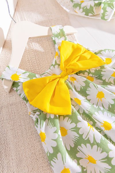 Papatya Desenli Şapkalı Kız Bebek Yazlık Elbise YEŞİL -  9-12 AY