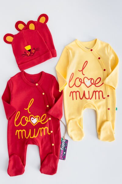 I Love Mum Taraftar Sarı Kırmızı İkili Bebek Tulum Takım