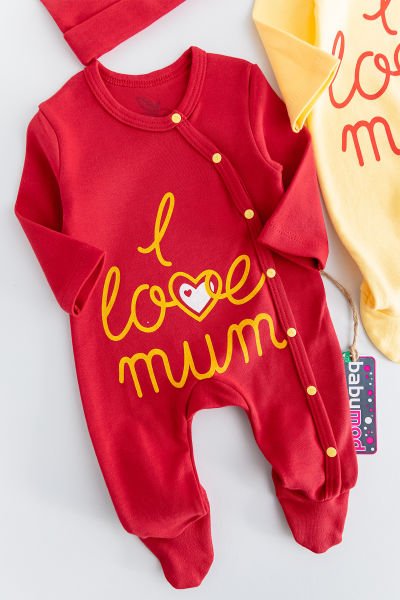 I Love Mum Taraftar Sarı Kırmızı İkili Bebek Tulum Takım