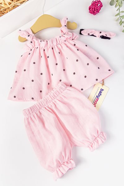 Puantiye Desenli Askılı Yazlık Kız Bebek Elbise Takım