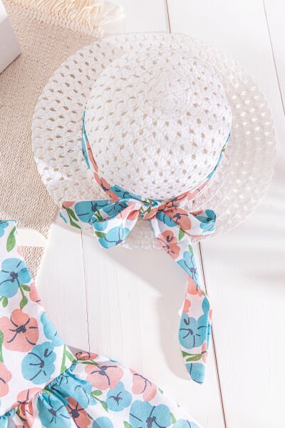 Çiçek Desenli Şapkalı Kız Bebek Yazlık Elbise