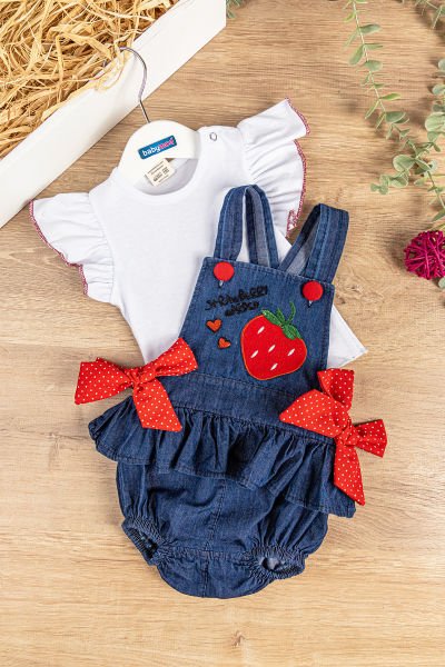 Çilek İşlemeli Yazlık Kız Bebek Tulum Salopet Body Takım