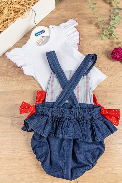 Çilek İşlemeli Yazlık Kız Bebek Tulum Salopet Body Takım