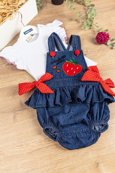 Çilek İşlemeli Yazlık Kız Bebek Tulum Salopet Body Takım