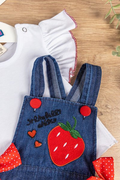 Çilek İşlemeli Yazlık Kız Bebek Tulum Salopet Body Takım