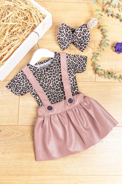 Leopar Desenli Bandanalı Kız Bebek Salopet Elbise