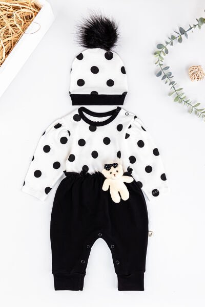 Puantiye Desenli Oyuncak Ayıcıklı Şapkalı Kız Bebek Tulum