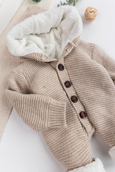 Triko Örme Welsoft Astarlı Kapüşonlu Kışlık Bebek Tulum BEJ - 6 Ay