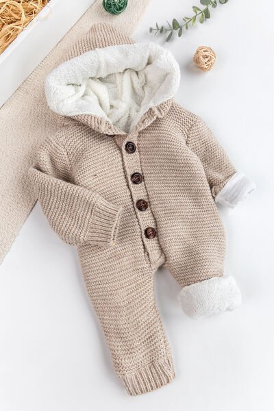 Triko Örme Welsoft Astarlı Kapüşonlu Kışlık Bebek Tulum BEJ - 6 Ay
