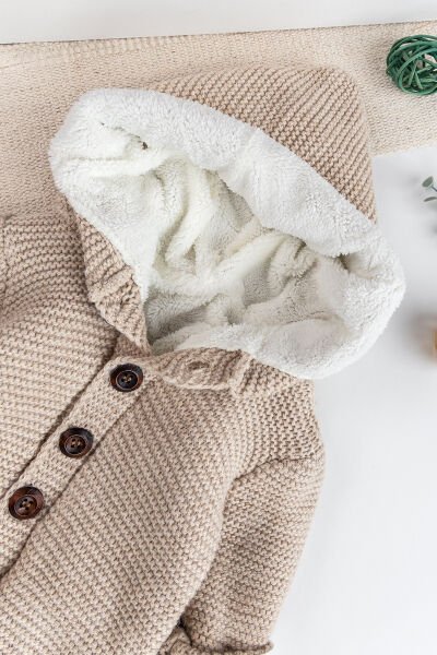 Triko Örme Welsoft Astarlı Kapüşonlu Kışlık Bebek Tulum BEJ - 6 Ay