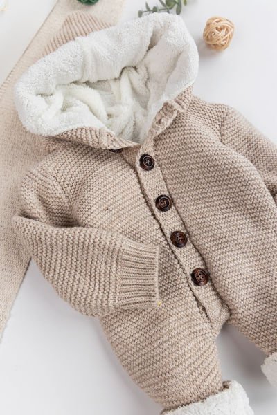 Triko Örme Welsoft Astarlı Kapüşonlu Kışlık Bebek Tulum BEJ -  12 Ay
