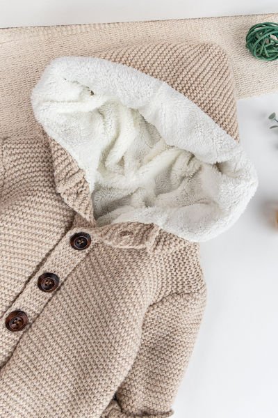 Triko Örme Welsoft Astarlı Kapüşonlu Kışlık Bebek Tulum BEJ -  12 Ay
