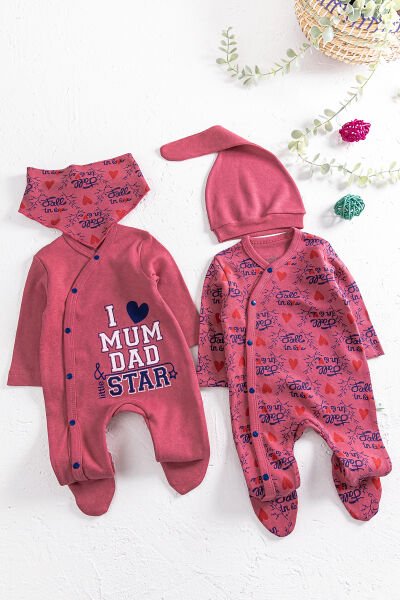 I Love Mum & Dad Baskılı 2'li Bebek Tulum Takım BORDO - 3-6 AY