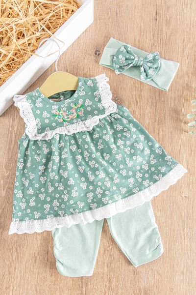 Çiçek Desenli Bandanalı 3'lü Kız Bebek Elbiseli  Takım YEŞİL - 18-24 AY