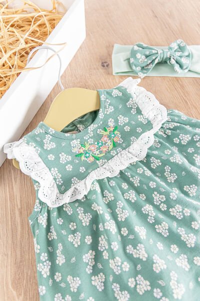 Çiçek Desenli Bandanalı 3'lü Kız Bebek Elbiseli  Takım YEŞİL - 18-24 AY