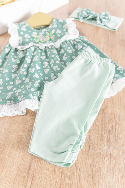 Çiçek Desenli Bandanalı 3'lü Kız Bebek Elbiseli  Takım YEŞİL - 18-24 AY