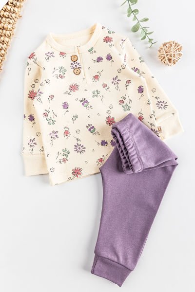Çiçek Desenli Kız Bebek Pijama Takımı 2'li Bebek Takım LİLA -  0-3 AY
