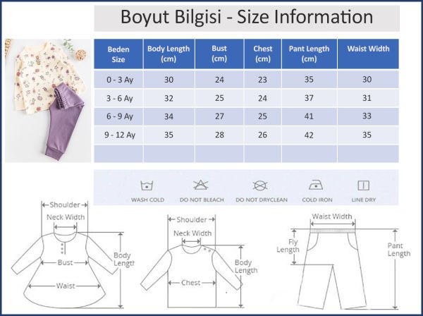 Çiçek Desenli Kız Bebek Pijama Takımı 2'li Bebek Takım LİLA -  0-3 AY