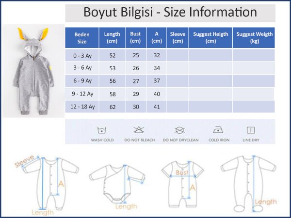 Tavşan Kulaklı Önden Fermuarlı Kız/Erkek Bebek Tulum GRİ -  6-9 AY
