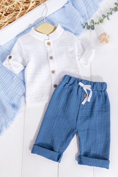 %100 Pamuklu Müslin  Düğmeli Alt Üst Erkek  Bebek Takım İndigo - 3 Ay