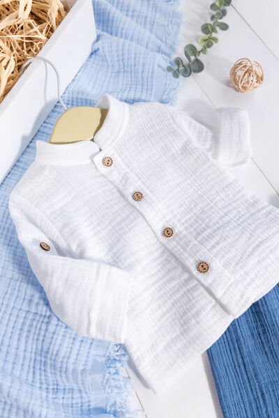 %100 Pamuklu Müslin  Düğmeli Alt Üst Erkek  Bebek Takım İndigo - 3 Ay