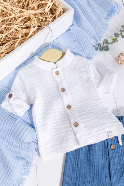 %100 Pamuklu Müslin  Düğmeli Alt Üst Erkek  Bebek Takım İndigo - 3 Ay