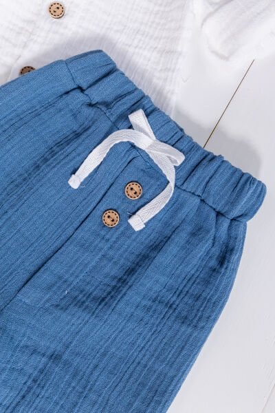 %100 Pamuklu Müslin  Düğmeli Alt Üst Erkek  Bebek Takım İndigo - 3 Ay