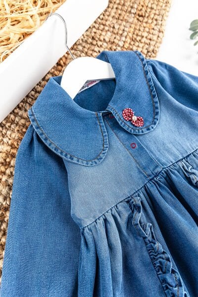 Bebe Yakalı Fiyonklu Denim Kız Bebek Elbise Kot Elbise