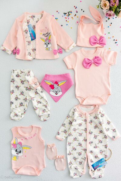 Sevimli Tavşan Tulumlu 8'li Kız Bebek Hastane Çıkışı Zıbın Seti