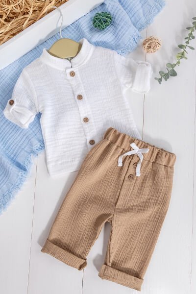 %100 Pamuklu Müslin  Düğmeli Alt Üst Erkek  Bebek Takım BEJ -  6-9 AY