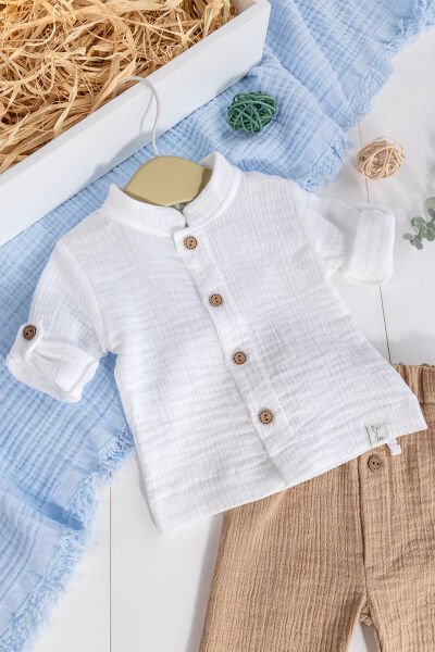 %100 Pamuklu Müslin  Düğmeli Alt Üst Erkek  Bebek Takım BEJ -  6-9 AY