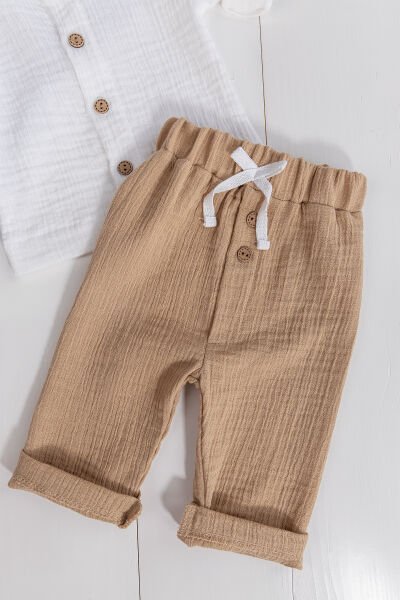 %100 Pamuklu Müslin  Düğmeli Alt Üst Erkek  Bebek Takım BEJ -  6-9 AY