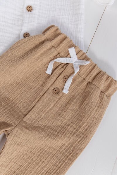 %100 Pamuklu Müslin  Düğmeli Alt Üst Erkek  Bebek Takım BEJ -  6-9 AY